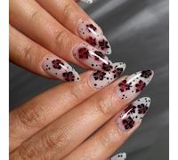 Flower Design Faux Nails with Black Red French Tips Flower Reusable for Various Event Press on Tips