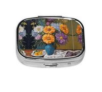 Flower Diamond Painting Print Pill Box 2 Compartment Medicine Pill Case,Portable for Pocket Or Purse Pill Box Decorative Metal Medicine Organizer