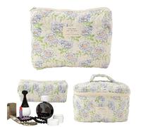 Flower Displaced Make Up Bag 3 Pieces Cotton Up Bag Quil Travel Bag for Cosmetics, Aesthetics, Toilets for Women and Girls, Multifunction, blue flower l handbag + m + s, see description, See