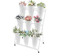 Flower Display Stand, 2 Layers Heavy Duty Metal Moving Wrought Iron Bouquet Shelf, Iron Florist Flower Display Stand With Plastic Buckets And Wheel, For Garden, Courtyard(Size:3 Tier 9 White Bucket)