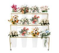 Flower Display Stand with 12Pcs White Buckets, 3 Layers Gold Metal Plant Stand, Moving Florist Bouquet Shelf for Fresh Flower Shop, Patio Garden, Outdoor Flower Pop-Up Events Shipped in Two