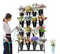 Flower Display Stands with Buckets, 4-Tier Rolling Plant Stand with Locking Wheels - Metal Flower Cart for Indoor/Outdoor Use, Wedding Decor & Florist Displays can hold 16 flowers or potted plants