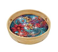 Flower-DIY 5D Diamond Painting Wooden Round Tray with Handle Diamond Art Decorative Tray Perfect for Bed, Patio, BBQ, Coffee Table, Party Decoration