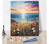 Flower DIY Paint by Numbers Seaview Sunsets Paint by Number for Adults Beginner Wildflower Meadows the Sea Art Painting by Numbers Kits on Canvas Art Crafts for Family House Decor Frameless 16"x20"