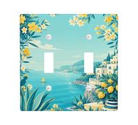 Flower Double Light Switch Cover Plate, Coastal Tropical Lemon Cactus Summer Turquoise Plastic Standard Size Switch Plate Decorative for New Apartment Home Bedroom Office Decor