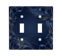 Flower Double Light Switch Cover Plate, Elegant Contemporary Gold Waves Navy Plastic Standard Size Wall Switch Plates Accents for New Apartment Home Bedroom Office Decor