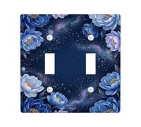 Flower Double Light Switch Cover Plate, Floral Cosmic Galaxy Stars None Navy Plastic Standard Size Wall Switch Plates Accents for Home Living Room Bedroom Bathroom Decor