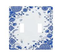 Flower Double Light Switch Cover Plate, Traditional Elegant Ornament Pattern None Blue Plastic Standard Size Wall Switch Plates Accents for Living Room Bedroom Home Office Decor