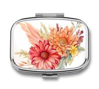 Flower Drawing Pill Box 2 Compartments Portable Travel Pill Case Mini Medicine Organizer for Pocket Purse Metal Waterproof Medicine Container Holder Vitamin Fish Oil