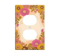 Flower Duplex Outlet Covers Wall Plate, Bohemian Vintage Leaf Swirl Spring Yellow Plastic Standard Size Double Power Outlet Cover Plate for Bedroom Bathroom Kitchen Entrance Decor