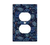Flower Duplex Outlet Covers Wall Plate, Floral Elegant Leaf Petal Spring Navy Blue Plastic Standard Size Double Power Outlet Cover Plate for Living Room Bedroom Home Office Decor