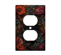 Flower Duplex Outlet Covers Wall Plate, Vintage Artistic Poppy Leaf Fall Black Plastic Standard Size Double Power Outlet Cover Plate for Living Room Bedroom Home Office Decor