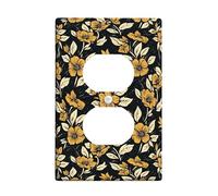 Flower Duplex Outlet Covers Wall Plate, Vintage Bohemian Leaf Petal Fall Black Plastic Standard Size Double Power Outlet Cover Plate for Home Living Room New Apartment Decor