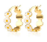 Flower Earrings for Women, Summer Daisy Flower Statement Hoop Earrings Enamel Small Flowers Huggie Hoops Earrings Fashion Jewelry Gift for Women Teen Girls (Gold White)