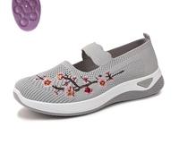 Flower Embroidered Slip On Knitting Flat Loafers for Women Comfortable Soft Sole Tennis Shoes Breathable Mesh Comfy Platform Non Slip Walking Sneakers (Gray,6.5)