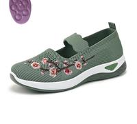 Flower Embroidered Slip On Knitting Flat Loafers for Women Comfortable Soft Sole Tennis Shoes Breathable Mesh Comfy Platform Non Slip Walking Sneakers (Green,4.5)