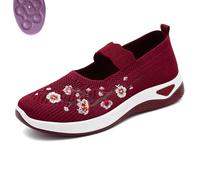 Flower Embroidered Slip On Knitting Flat Loafers for Women Comfortable Soft Sole Tennis Shoes Breathable Mesh Comfy Platform Non Slip Walking Sneakers (Red,7)