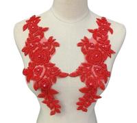 Flower Embroidery Lace Appliques: Lace Beads Applique Sewing Flower Fabric Collar Patch for Wedding Bridal Gown Clothes Dress Decor DIY Crafts (Red)