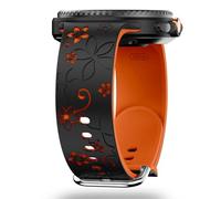 Flower Engraved Band Compatible with Galaxy Watch 8 Band 40mm 44mm/Galaxy Watch 8 Classic 46mm Bands, Soft Silicone Floral Strap Wristband for Samsung Galaxy Watch 8/8 Classic Women (Black Orange)