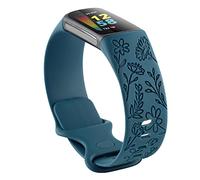 Flower Engraved Bands Compatible with Fitbit Charge 5 Band/Charge 6 Bands Women Cute Floral Engraving Soft Silicone Sport Strap Replacement Wristband for Fitbit Charge 5/6 Tracker Accessories, blue