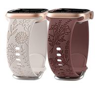 Flower Engraved Silicone Band Compatible with Apple Watch Bands 38mm 40mm 41mm, Cute Women Wildflowers Floral Design Soft Sport Strap Replacement Wristbands for iWatch Series 8 7/SE/6/5/4/3/2/1