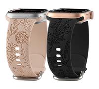 Flower Engraved Silicone Band Compatible with Apple Watch Bands 38mm 40mm 41mm, Cute Women Wildflowers Floral Soft Sport Strap Replacement Wristbands for iWatch Series 10 9 8 7/SE/6/5/4/3/2/1