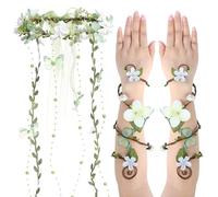 Flower Fairy Crown with Arm Wraps - 3 Pcs Renaissance Costume Green Butterfly Elf Headpiece with Vine Tassel Renfaire Woodland Mother Nature Costume Cosplay Photoshoot Fantasy Fairycore Outfit