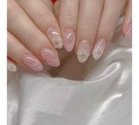 Flower Fairy Design Press-on Nails Set - Glitter Pink Medium Oval French Tip Artificial Nails with Full Cover and Accessory Tools for Women and Girls, Elegant Floral Motif and Reusable Manicure