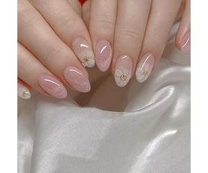 Flower Fairy Design Press-on Nails Set - Glitter Pink Medium Oval French Tip Artificial Nails with Full Cover and Accessory Tools for Women and Girls, Elegant Floral Motif and Reusable Manicure