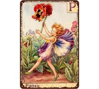 Flower Fairy Signs Vintage Garden Tin Signs Pansy - Letter P Wall Decor Metal Signs - Retro Fairy Garden Decor 8x12 Inch