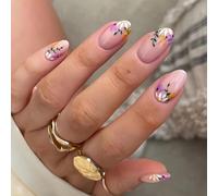 Flower False Nails Short Oval Shapes, SXVME Nude French Press on Nails with Floral Designs Full Cover Acrylic Short Fake Nails Press ons Spring Glossy Stick on Nails for Women 24 Pcs