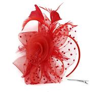 Flower Feather Headband Fascinator Wedding Headwear Fashionable Elegant Feather Mesh Net Wedding Hats Tendy Solid color Vintage Mesh Hair Accessories Cocktail Tea Party Headwear for (Red, One Size)