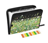 Flower Field Green 13 Pocket Expanding File Folder with Labels A4 Document Organizer with Zipper
