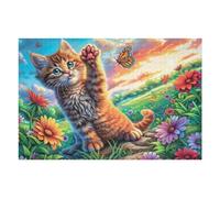 Flower Field Tabby Cat 1000 Piece Jigsaw Puzzle for Adults Bloom Grass Sky Jigsaw Home Studio Decor Stress Relief Challenge Perfect Holiday Present Relaxation Tool 1000 PCS