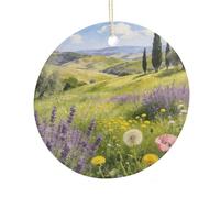 Flower Fields And Clear Mountains Round Ceramic Pendant Hanging Festival Ornament, Personalized Double Sided Ceramic Home Decor, Lightweight Durable Hanging Ornament Gift for Home, Party, Women Men
