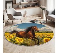 Flower Fields Running Horses Round Area Rug 90cm, Soft Washable Non Slip Low-Pile Circle Thin Rugs, Geography Printed Carpet for Living Room Kitchen Bedroom Dining Room Multicolor