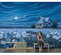 Flower Fields Under The Night Sky Photo Wallpaper Rural Night View Non-Woven Mural 350×256 Cm Dark Blue Wallpaper Living Room Home Decoration Wall Murals Suitable for Bedroom