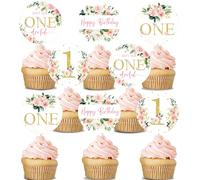 Flower First Birthday Decorations for Girl - 24PCS Pink Floral Cupcake Toppers for Isn't She Lovely Isn't She Onederful Miss Onederful Baby Girl 1st Birthday Party Decorations