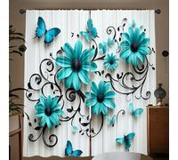 Flower Floral Blackout Curtains, Blue Butterfly Chrysanthemum Noise Reducing Curtain, 3d Print Soft Noise Reducing Light Blocking Decorative Window Treatments for Bedroom, W29.5" x L65.3" x 2 Panels