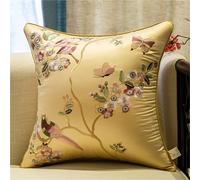 Flower Floral Embroidery Satin Cushion Cover Faux Silk Decorative Throw Pillow Case, Square, Zipper Closur Chinese Style Sofa(Champagne gold,60x60cm/24x24in)