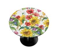 Flower Floral Round Fitted Tablecloth, Sunflower Poppy Barley Round Table Cloth with Elastic Edged, Waterproof Wipeable Table Cover Fits Tables up to 36”-42” Diameter