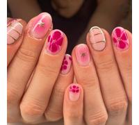 Flower French Tip Press On Nails With Gold Accents - Short Square Artificial Nails Set Of 24 Pieces Full Coverage Design For Women With Intricate Patterns Geometric Lines Polka Dots And Star Details