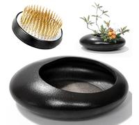 Flower Frog Vase Kit, 50mm Brass Florist Frog for Arrangements and Black Ceramic Water Drop Pot, Elegant Ikebana Flower Holder for Cut Flowers, Floral Decor Kit