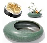 Flower Frog Vase Kit, 50mm Brass Florist Frog for Arrangements and Green Ceramic Water Drop Pot, Elegant Ikebana Flower Holder for Cut Flowers, Floral Decor Kit