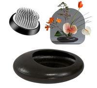 Flower Frog Vase Set, Ikebana Flower Arrangement, Ceramic Vase and Flower Frog, Water Drop Flower Pot, Flower Arrangement Vase Set (Dark Brown, Small Size)