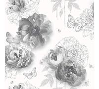 Flower Garden Mono Wallpaper Textured Vinyl Glitter Floral Butterfly