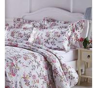 Flower Garden Quilted Bedspread Size Double - Pink And Lilac Floral Design Summer Bedding Set With Matching Pillow Shams