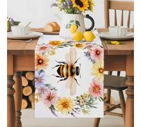 Flower Garland Table Runner 13x60 Inches Long Bee Watercolor Flower Cotton Linen Table Runner Burlap Style for Dinner Table Party Decor Tabletop Decorations