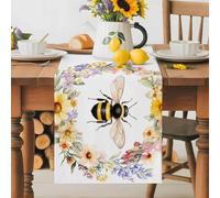 Flower Garland Table Runner 16x72 Inches Long Watercolor Bee Cotton Linen Table Runner Burlap Style for Dinner Table Party Decor Tabletop Decorations