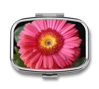 Flower Gerbera Pill Box 2 Compartments Portable Travel Pill Case Mini Medicine Organizer for Pocket Purse Metal Waterproof Medicine Container Holder Vitamin Fish Oil